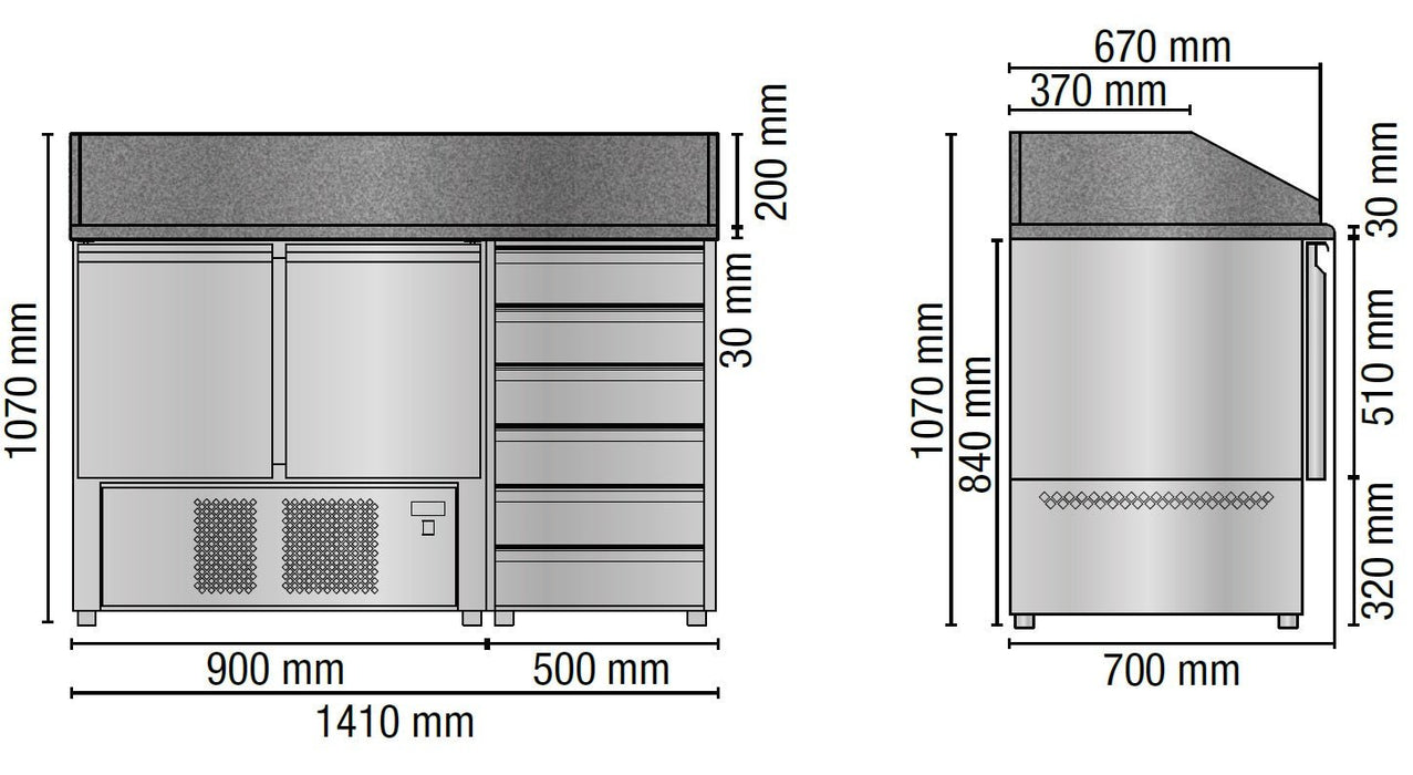 Tecnodom SLV02C6 - Saladette Counter Fridge with 2 Doors + 6 Shelves and Marble Top - DOM - SLV02C6 - Tecnodom