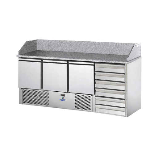 Tecnodom SLV03C6 - Saladette Pizza Counter Fridge with 3 Doors + 6 Shelves and Marble Top -  - Tecnodom