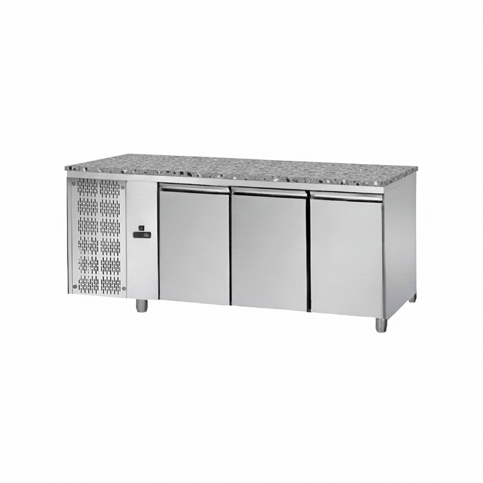 Tecnodom TF03MIDGNSXGRA - 3 Doors Stainless Steel Refrigerated Counter with Granite Top (Left Side Motor) - Tecnodom